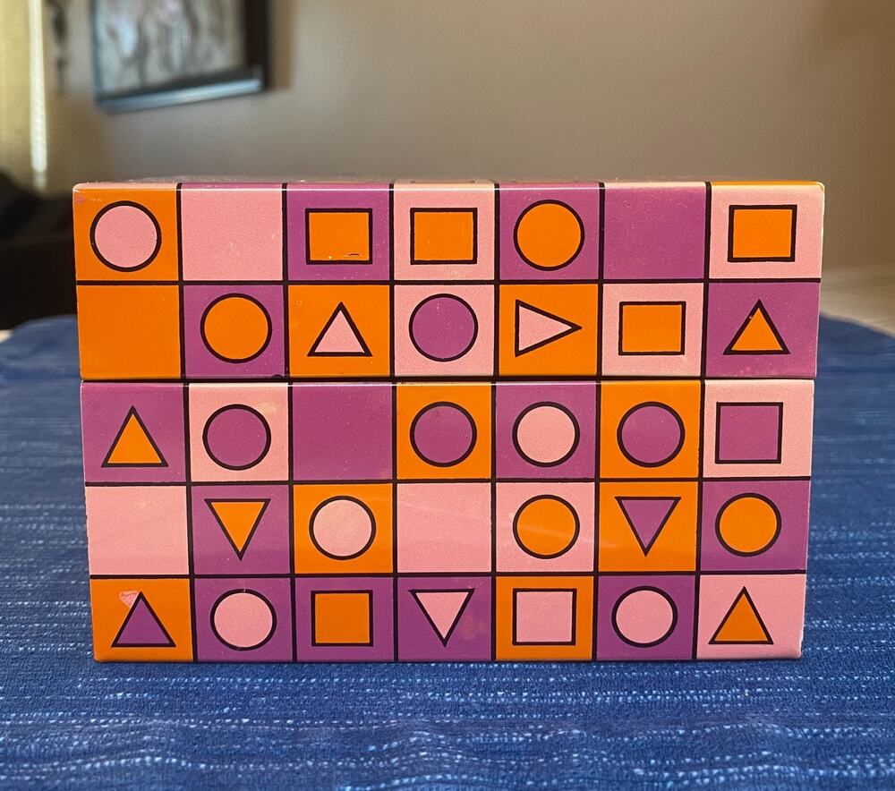 Vtg 1960's Tin Recipe Box Orange Purple Pink Mod Geometric MCM Shapes Design